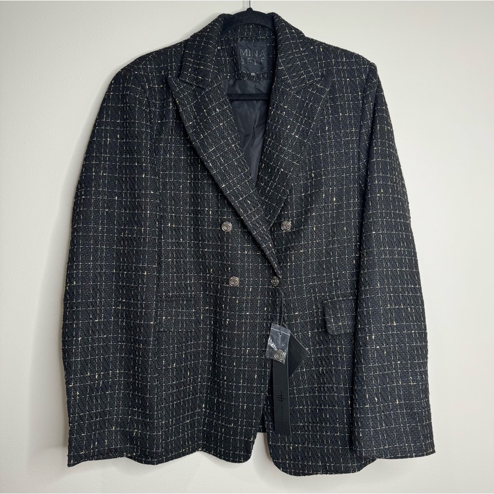 NWT Mina‎ Self Black Gold Tweed Double Breasted Longline Blazer XXL Office Chic
